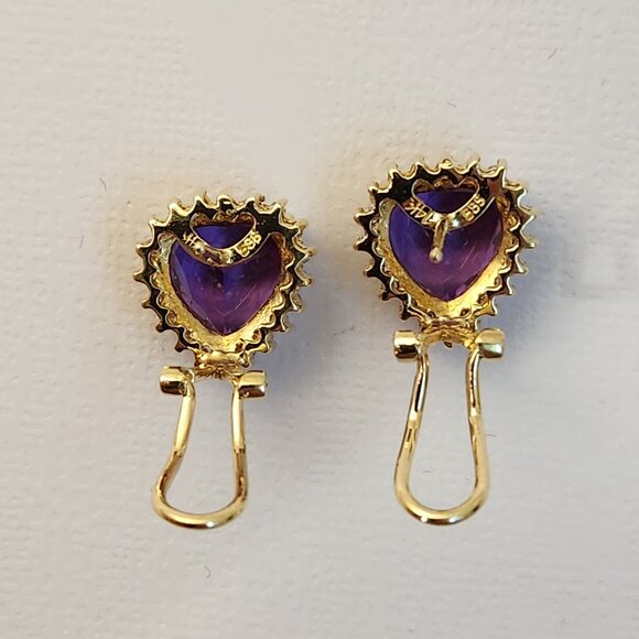 Vtg 80's 4.69g 14K Gold Natural Amethyst & Diamond Omega Back Earrings - Picture 4 of 15